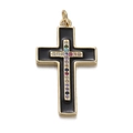Ciondolo a croce dorata con smalto nero e pietre preziose colorate su sfondo bianco - Oro con smalto nero e centro multicolore