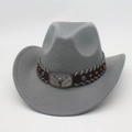 Detail of grey felt cowboy hat featuring a bull head metal buckle and star stud leather band - One Size (57cm) / Gray