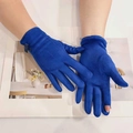 Royal blue faux suede gloves for women featuring touch screen finger slits and bow detail - Royal Blue Open Finger