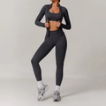 Three-piece dark grey seamless yoga set with zip-up jacket, sports bra, and high-waist leggings - S / Jacket + Bra + Leggings / Dark Gray
