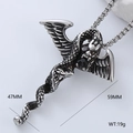 Macro detail of gothic 304 stainless steel cross pendant with snake and black gemstone - Wing Snake Cross Black Gemstone (Style 18)