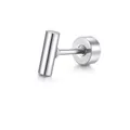 Polished minimalist silver stainless steel bar stud earring with round screw back - T-Shape & Round Plate Style / 1 Piece / Steel