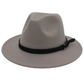 Detail of gray wool felt fedora hat featuring a black decorative band and metal buckle - M (56-58cm) / Light Gray