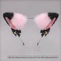 Handmade pink and black plush cat ear headband with satin bows and golden bells - One Size / Q-Folded Ear Ding-Dong - Pink & Black