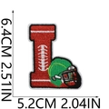 Detailed size view of red varsity letter L embroidery patch with white and green accents - Letter L