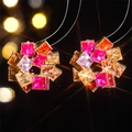 Sparkling geometric square multicolor rhinestone earrings with golden finish base - Multicolor (STE022GL-HCRO)