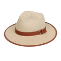 Classic beige straw jazz hat featuring a brown leather belt band and matching bound edge - M (56-57cm) / Beige