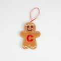 Brown gingerbread man hanging ornament with red letter C embroidery and silk ribbon - Letter C