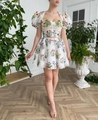 Two-piece white bohemian floral embroidery dress set with puff sleeves and pleated skirt - S / 8662-Floral Embroidery Top And Mini Skirt
