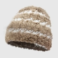 Plush coffee and white striped knit beanie hat with warm fuzzy texture and button detail - Khaki Slouchy Beanie