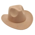 Detail shot of the reinforced double-stitched edge on a kids' wool felt fedora hat - Camel