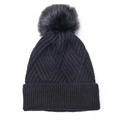 Detalle del gorro de punto negro con textura en V y un gran pompón de piel sintética - Gorro de Punto Geométrico / Negro