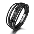 Multi-layer black braided leather bracelet with feather charm and magnetic clasp - Black