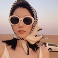 French style black and white striped silk scarf with vintage white oval sunglasses - White Striped