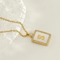 Gold plated square pendant necklace with letter S and sparkling zircon border - Gold-S