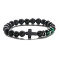 8mm lava rock and green tiger eye beaded bracelet with black matte cross pendant - 8mm Bead Diameter/19cm Circumference / Lava Stone + Green Tiger Eye