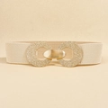 Elastic beige waist belt featuring a large textured gold geometric circular buckle - Beige (19766)