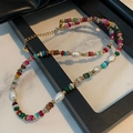 Tiger eye beaded necklace with baroque pearls and gold spacers in colorful style - Colorful Agate Slices Necklace XL0576