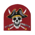 Macro view of the knitted texture and pirate skull embroidery on the red beanie - M(56-58cm) / Burgundy