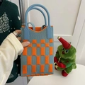 Blue and orange checkered knitted tote bag with navy blue faux leather handle - Checkerboard Orange