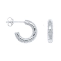 Polished silver C-shaped hoop earrings featuring a classic textured rhombus pattern design - White Gold