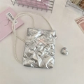 Detail of silver puffy crossbody bag with pearl strap, lace edges and pink bow - Small Bow Silver
