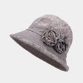 Detail of grey cotton bucket hat for elderly women with decorative fabric floral accents - One Size / Light Purple