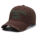 Distressed dark brown baseball cap with green embroidery and vintage frayed edges - Coffee