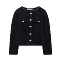 Elegant black tweed round neck jacket with metal buttons and leather piping trim - S / Black