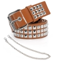 Brown leather punk belt with three rows of silver pyramid studs and detachable chain - Camel Style (With Waist Chain)