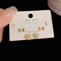 Three-pair set of minimalist S925 silver stud earrings featuring hearts, bows and pearls - Gold-Pearl Bowknot Set (112#)