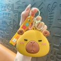 Cute yellow Capybara silicone coin purse keychain with colorful floral lanyard - Capybara - Coin Purse
