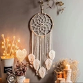 Handwoven beige cotton macrame dream catcher with feather-shaped leaves and long tassels - Bamboo Ring Five Leaves