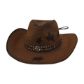 Classic brown straw western cowboy hat with star pattern and studded leather band decor - One Size (Gradient Star) / Coffee With Wind Rope (Large Gear)