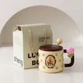 Ceramic tulip wave-textured mug set with lid, spoon and floral pattern gift box - With Lid, Spoon and Gift Box / Brown