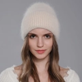 Beige angora rabbit fur knit hat for women with subtle sequin details and warm texture - Beige