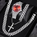 Luxury 3-piece silver watch set with red dial, diamond-studded Cuban chain and cross necklace - Red Dial Silver Tone (Without Box)
