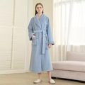 Light blue long coral fleece winter bathrobe with white lamb wool trim and waist belt - M / Female Style / Glacier Blue