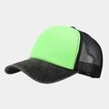 Detail of neon green trucker hat showing breathable black mesh back and washed denim brim - Neon Green