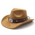 Close-up of camel faux suede cowboy hat with ornate leather band and metal bull head buckle - M (56-58cm) / Khaki