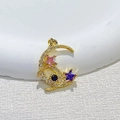 Gold moon pendant with pink and purple star charms and a blue gemstone setting - Crescent Moon - Pink Purple Blue