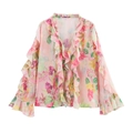 Women's pink floral long sleeve shirt with V-neck ruffles and colorful flower print - S / Pink Floral