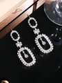 Elegant silver long drop earrings with white crystal rhinestones in floral geometry design - Silver Floral Oval Nested Solitaire Drop Earrings DTE1416010S-W