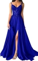 Elegant royal blue sequin lace evening gown with deep V-neck and high side slit - L (US 12) / Sapphire Blue