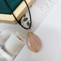 Pink quartz teardrop necklace with gold tree of life wire wrap on black cord - Rose Quartz Gold