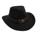 Close-up of black wool felt cowboy hat with bronze band and metal badge detail - One Size / Black