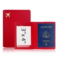 Red PU leather passport holder with gold airplane logo and clear 3x4 inch ID window - Red