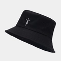 Black cotton bucket hat with white faith cross embroidery on a minimalist gray background - Black / One Size