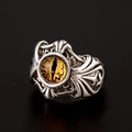 Punk style adjustable open ring featuring amber evil eye and vintage silver metal texture - Adjustable Open / Lace Border Devil Eye Yellow