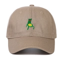 Detailed close-up of cartoon frog embroidery on khaki cotton baseball cap crown - Adjustable / Khaki